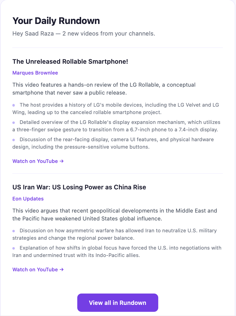 A daily Rundown digest email showing summarised uploads from the creators you follow