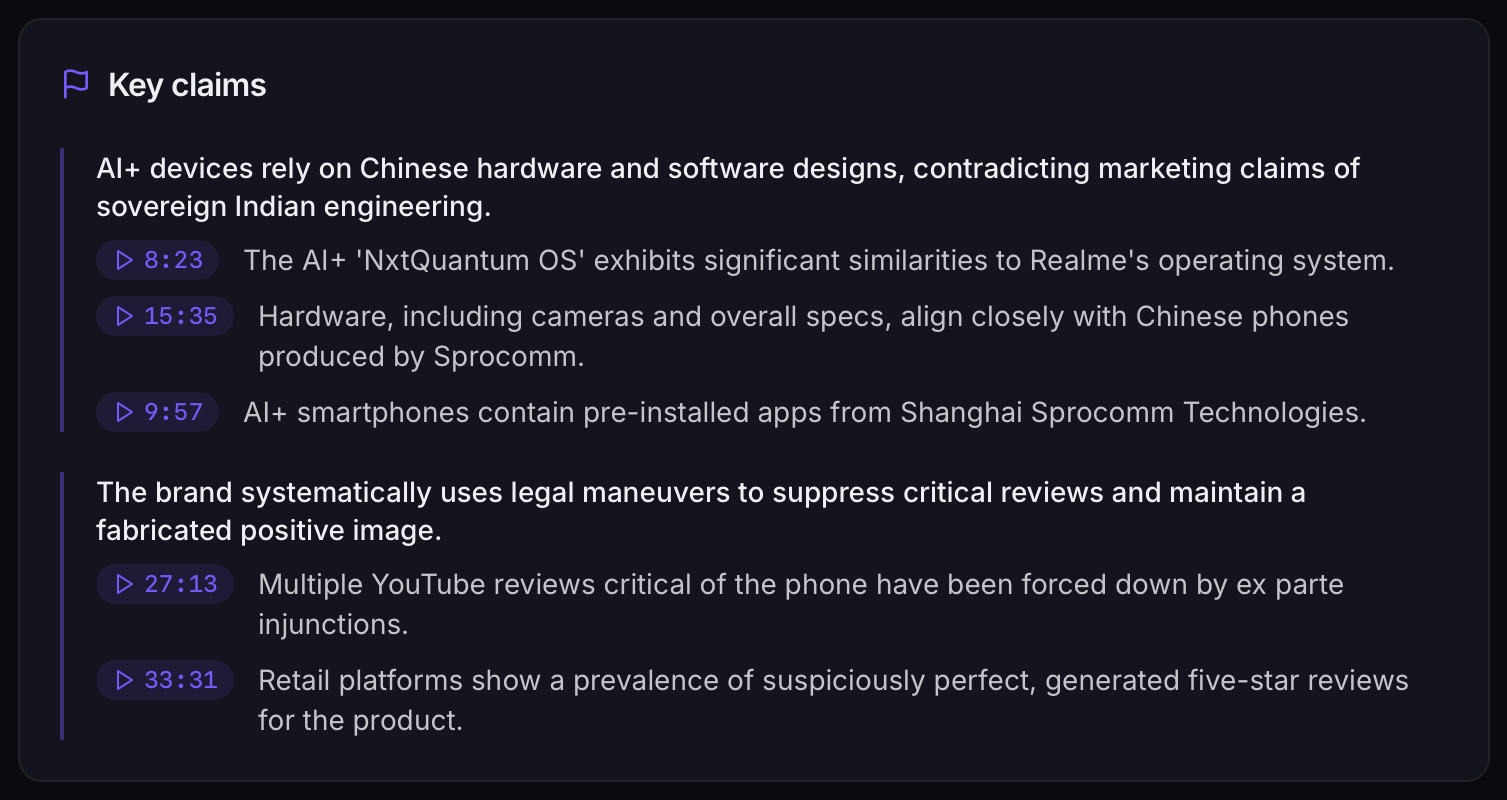 Key claims with timestamps