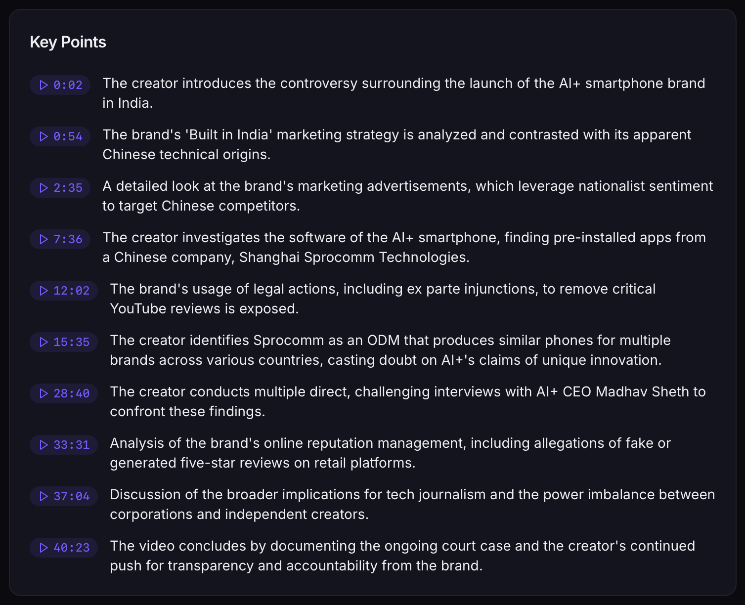 Key points with timestamps