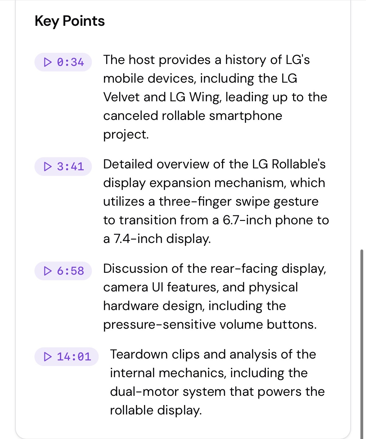 Rundown timestamped key points view